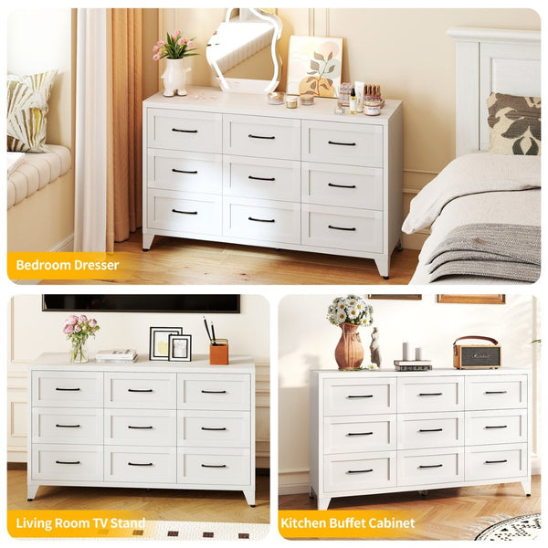 English Elm 9 Drawer Steel Dresser Low Profile White Powder Coated Frame Quiet Glide Bedroom Storage T2398P465982