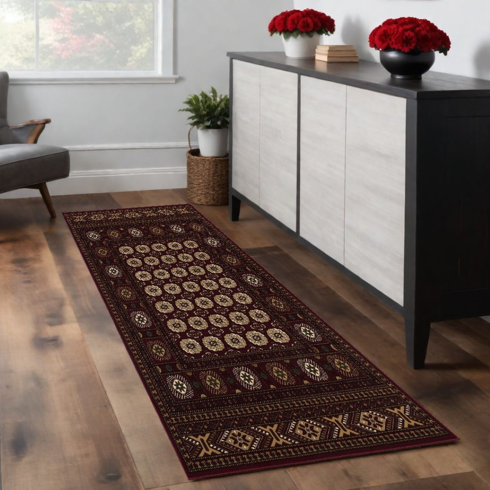 HomeRoots 10' Red and Ivory Floral Medallion Runner Rug - Elegant Design, Durable Olefin for Timeless Style 2x8 395459