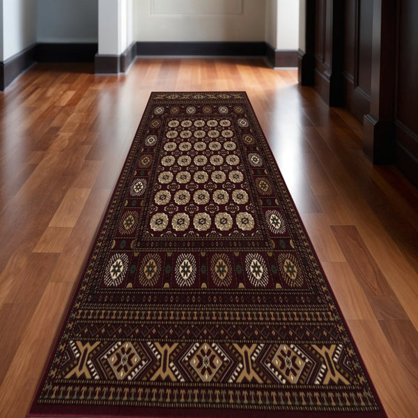HomeRoots 10' Red and Ivory Floral Medallion Runner Rug - Elegant Design, Durable Olefin for Timeless Style 3x10 395460
