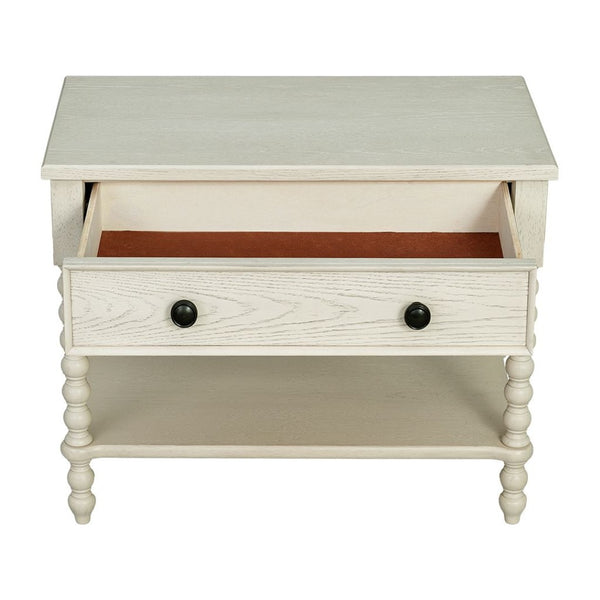 English Elm Large Cottage Nightstand with Spindle Legs Open Shelf and Drawer for King Beds Antique Cream B035P408397