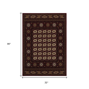 HomeRoots 10' Red and Ivory Floral Medallion Runner Rug - Elegant Design, Durable Olefin for Timeless Style 3x8 395467