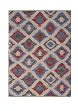 HomeRoots 5' Handcrafted Geometric Diamonds Area Rug in Vibrant Red and Blue for Timeless Home Elegance 5' X 7' 395477