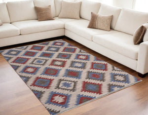 HomeRoots 5' Handcrafted Geometric Diamonds Area Rug in Vibrant Red and Blue for Timeless Home Elegance 5' X 7' 395477