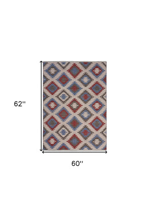 HomeRoots 5' Handcrafted Geometric Diamonds Area Rug in Vibrant Red and Blue for Timeless Home Elegance 5' X 7' 395477