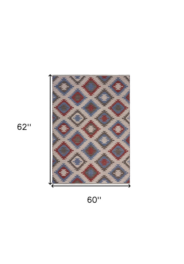 HomeRoots 5' Handcrafted Geometric Diamonds Area Rug in Vibrant Red and Blue for Timeless Home Elegance 5' X 7' 395477