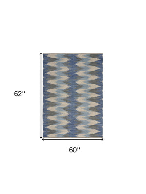 Homeroots 5' X 7' Blue And Cream Ikat Pattern Area Rug  Cotton 395479