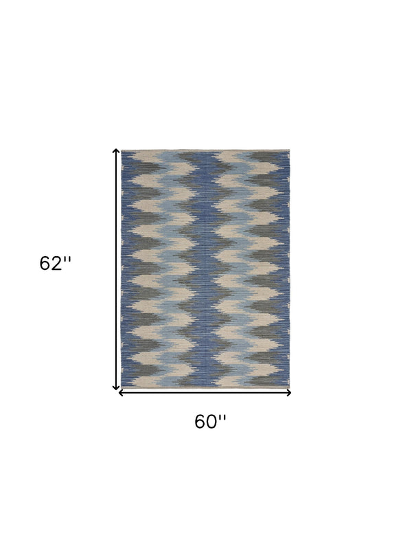 Homeroots 5' X 7' Blue And Cream Ikat Pattern Area Rug  Cotton 395479