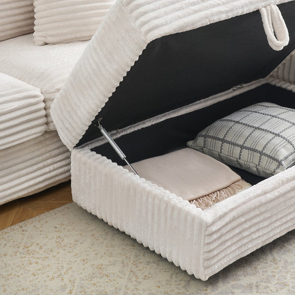 English Elm 82-Inch White Corduroy Sofa With Storage Footstool & 4 Pillows - Stylish Comfort For Any Space! W1658S00106