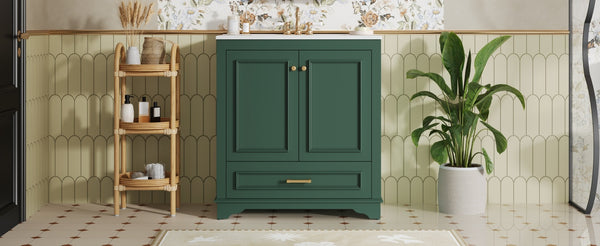 English Elm 30" Elegant Bathroom Vanity with Ceramic Sink, French-Inspired Compact Cabinet with Drawer & Shelf Green N710P317676F