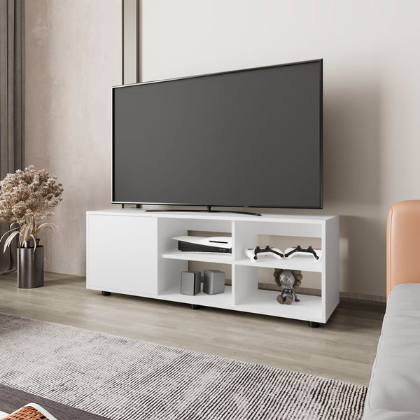 English Elm FM Parker TV Stand with Door and Open Shelves for Large TVs, Minimalist Storage and Modern Style White 53 L x 21 W x 5 H B128P269885