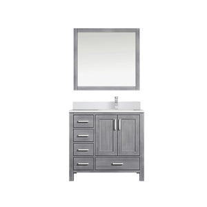 English Elm Distressed Grey Bath Vanity Set With Right Offset White Quartz Top, Chrome Faucet & 34" Mirror B2731S01267