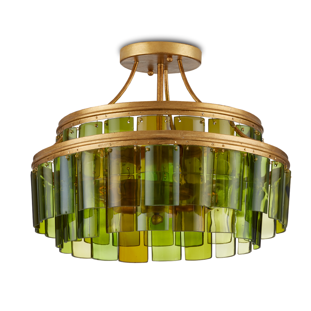 Vintner Green Semi-Flush Mount Light Fixture - Handmade Recycled Glass & Gold Leaf Finish Elegance