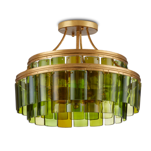 Vintner Green Semi-Flush Mount Light Fixture - Handmade Recycled Glass & Gold Leaf Finish Elegance