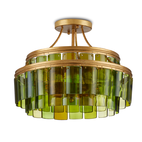 Vintner Green Semi-Flush Mount Light Fixture - Handmade Recycled Glass & Gold Leaf Finish Elegance