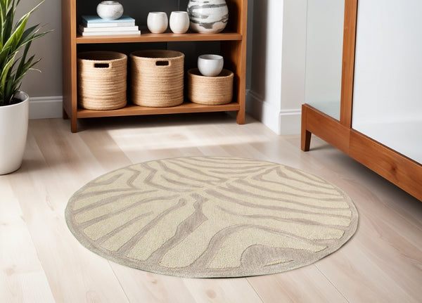 HomeRoots 5' Taupe Zebra Pattern Area Rug - Hand-Tufted Wool for Cozy Comfort in Modern Living Spaces 5' Round Round 395616