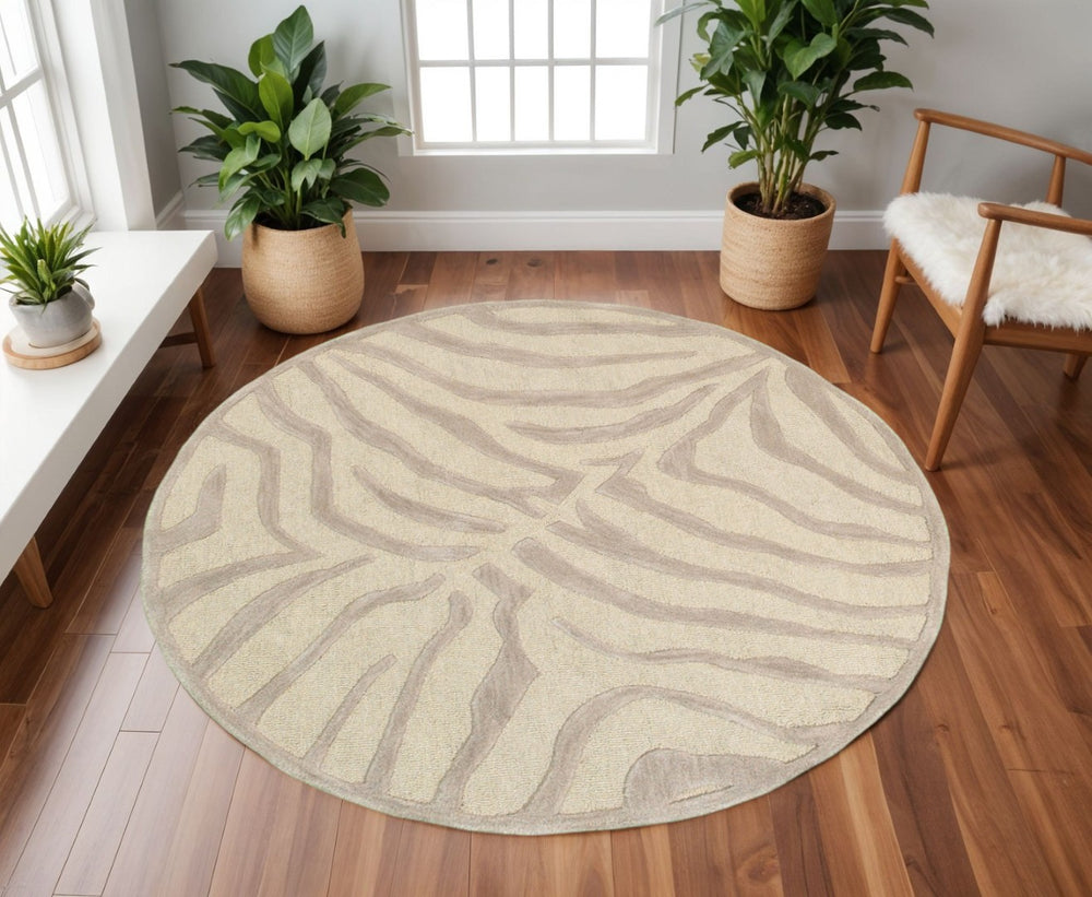 HomeRoots 5' Taupe Zebra Pattern Area Rug - Hand-Tufted Wool for Cozy Comfort in Modern Living Spaces 8' Round Round 395618