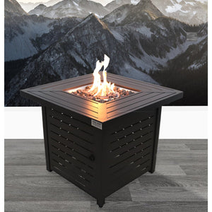 English Elm 25" Steel Propane Fire Pit Table Square 40,000 BTU Powder-Coated Black with Lava Rocks, Lid & Cover B120P160495
