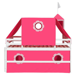 English Elm Full Size Kids Castle Loft Bed with Slide Tent Tower Pinewood Play Zone LT000772AAH-2
