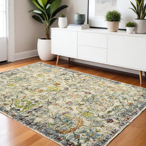 HomeRoots 4' Beige Abstract Garden Area Rug - Elegant Floral Design, Stain-Resistant, Low-Pile for Easy Care 4' x 6' 395699