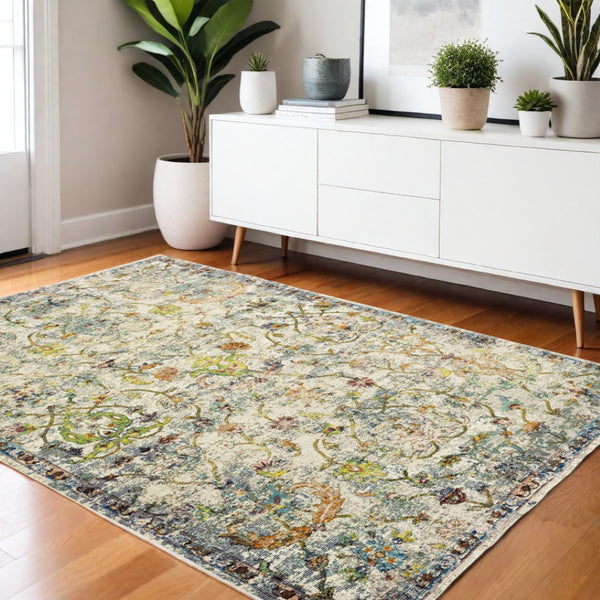 HomeRoots 4' Beige Abstract Garden Area Rug - Elegant Floral Design, Stain-Resistant, Low-Pile for Easy Care 4' x 6' 395699