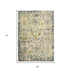 HomeRoots 4' Beige Abstract Garden Area Rug - Elegant Floral Design, Stain-Resistant, Low-Pile for Easy Care 4' x 6' 395699