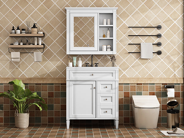 English Elm 30'' Bathroom Vanity Set With Sink, Modern Storage Cabinet, Mirror & 3 Drawers For Efficient Organization SW000127AAK-3