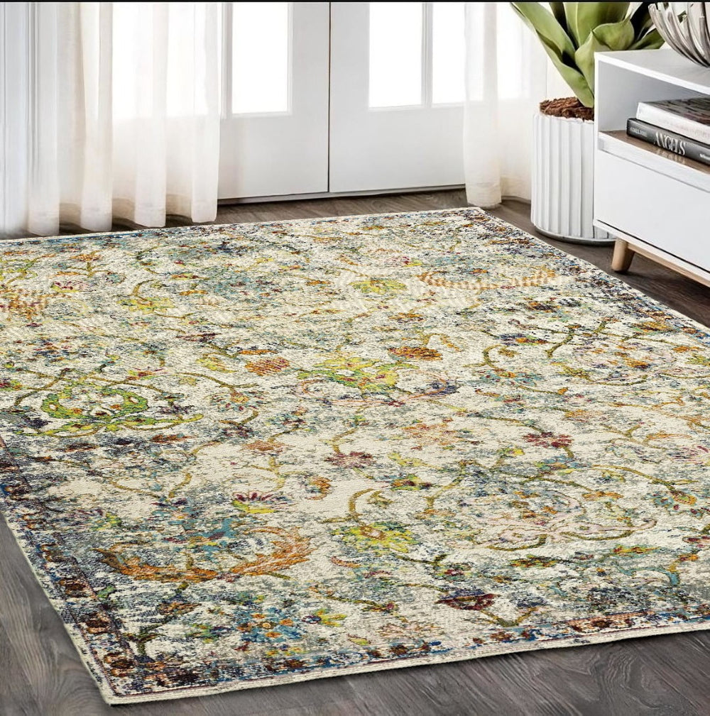 HomeRoots 4' Beige Abstract Garden Area Rug - Elegant Floral Design, Stain-Resistant, Low-Pile for Easy Care 5' x 8' 395700