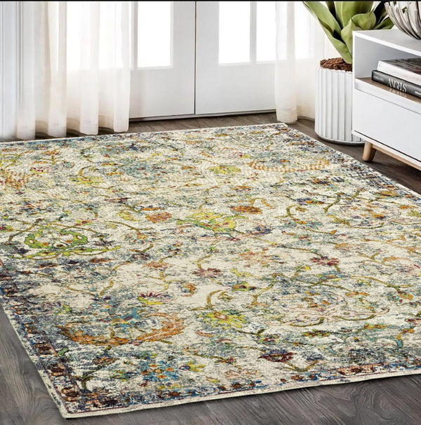 HomeRoots 4' Beige Abstract Garden Area Rug - Elegant Floral Design, Stain-Resistant, Low-Pile for Easy Care 5' x 8' 395700