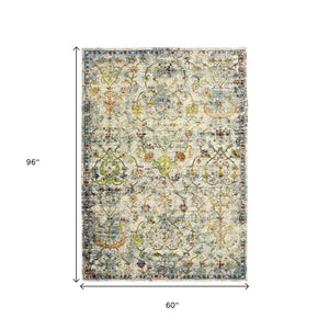 HomeRoots 4' Beige Abstract Garden Area Rug - Elegant Floral Design, Stain-Resistant, Low-Pile for Easy Care 5' x 8' 395700