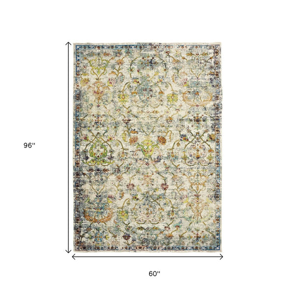 HomeRoots 4' Beige Abstract Garden Area Rug - Elegant Floral Design, Stain-Resistant, Low-Pile for Easy Care 5' x 8' 395700
