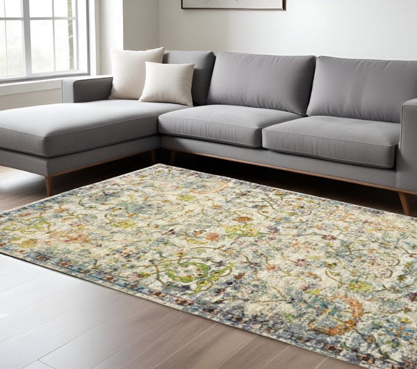 HomeRoots 4' Beige Abstract Garden Area Rug - Elegant Floral Design, Stain-Resistant, Low-Pile for Easy Care 8' x 10' 395701