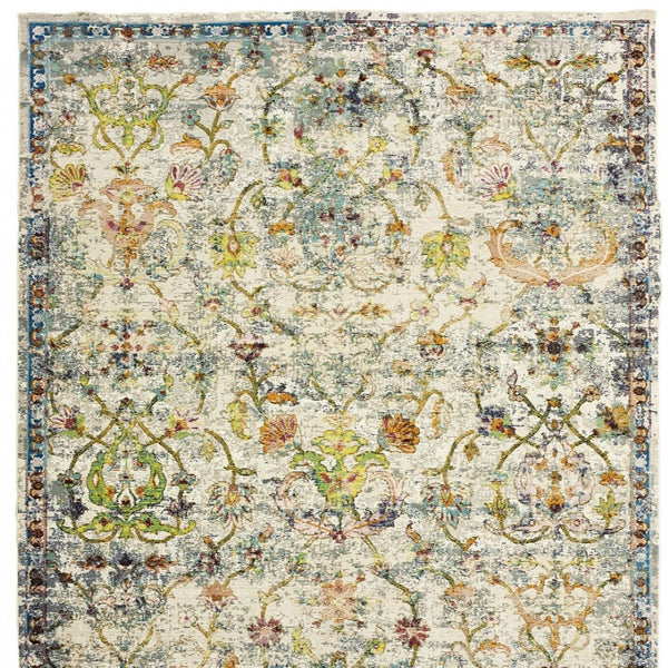 HomeRoots 4' Beige Abstract Garden Area Rug - Elegant Floral Design, Stain-Resistant, Low-Pile for Easy Care 8' x 10' 395701