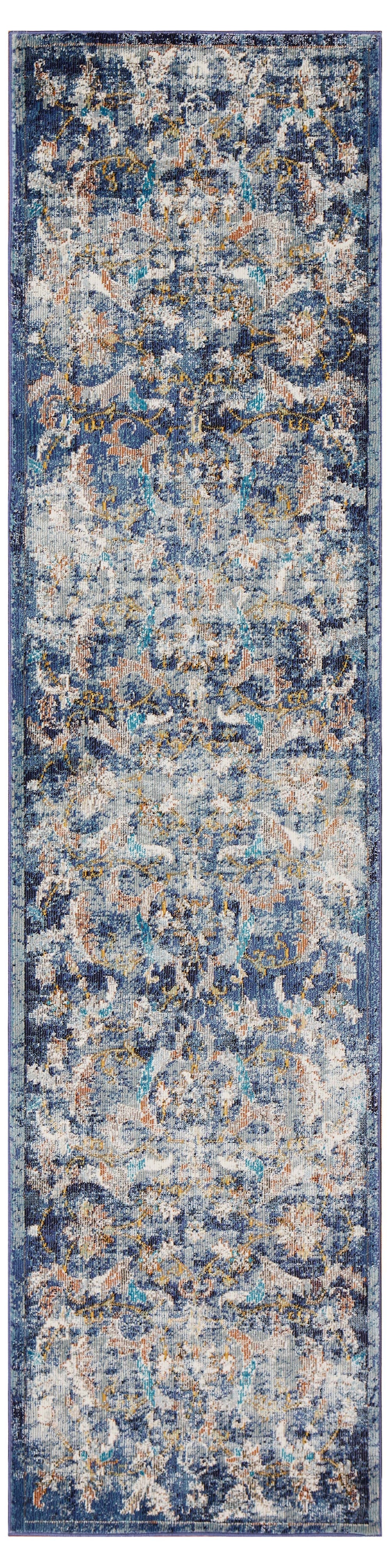 Homeroots 2' X 9' Blue And White Jacobean Pattern Runner Rug  Polypropylene 395703