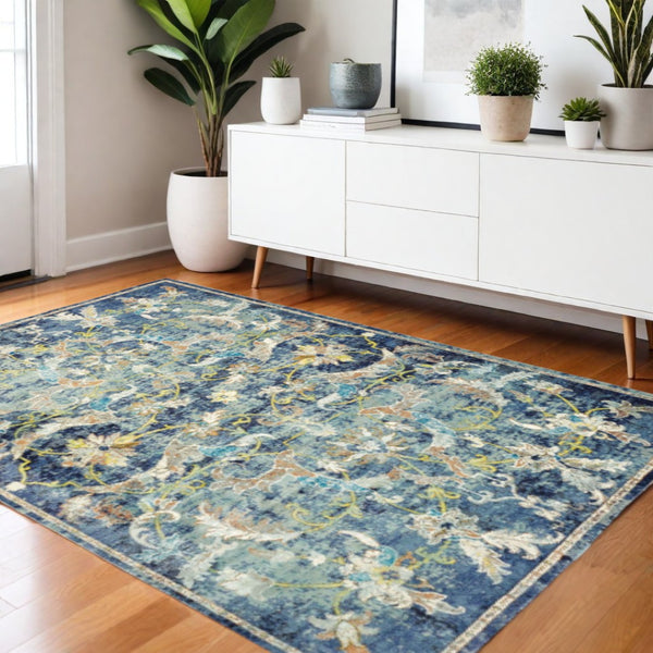 HomeRoots 4' Timeless Blue and White Jacobean Area Rug - Luxurious High-Pile Design for Elegant Spaces 4' x 6' 395704