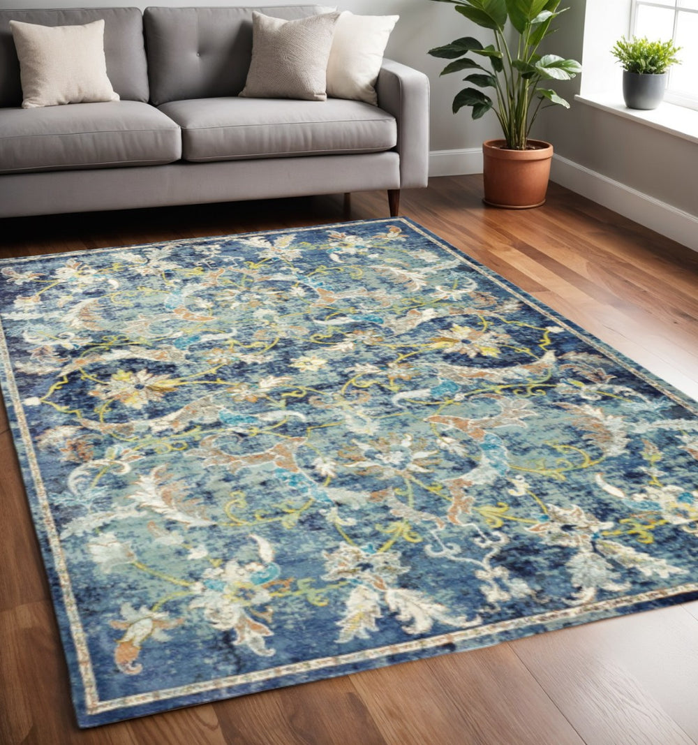 HomeRoots 4' Timeless Blue and White Jacobean Area Rug - Luxurious High-Pile Design for Elegant Spaces 5' x 8' 395705
