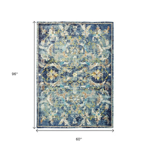 HomeRoots 4' Timeless Blue and White Jacobean Area Rug - Luxurious High-Pile Design for Elegant Spaces 5' x 8' 395705