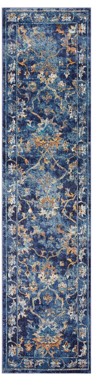 Homeroots 2' X 9' Blue And Gold Jacobean Runner Rug  Polypropylene 395708
