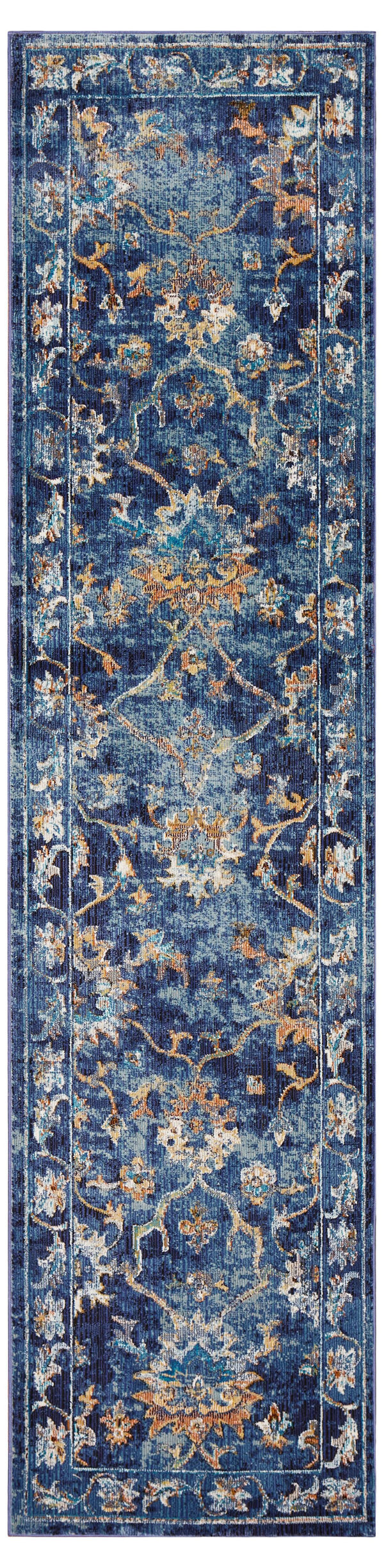Homeroots 2' X 9' Blue And Gold Jacobean Runner Rug  Polypropylene 395708
