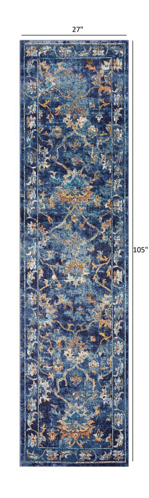 Homeroots 2' X 9' Blue And Gold Jacobean Runner Rug  Polypropylene 395708