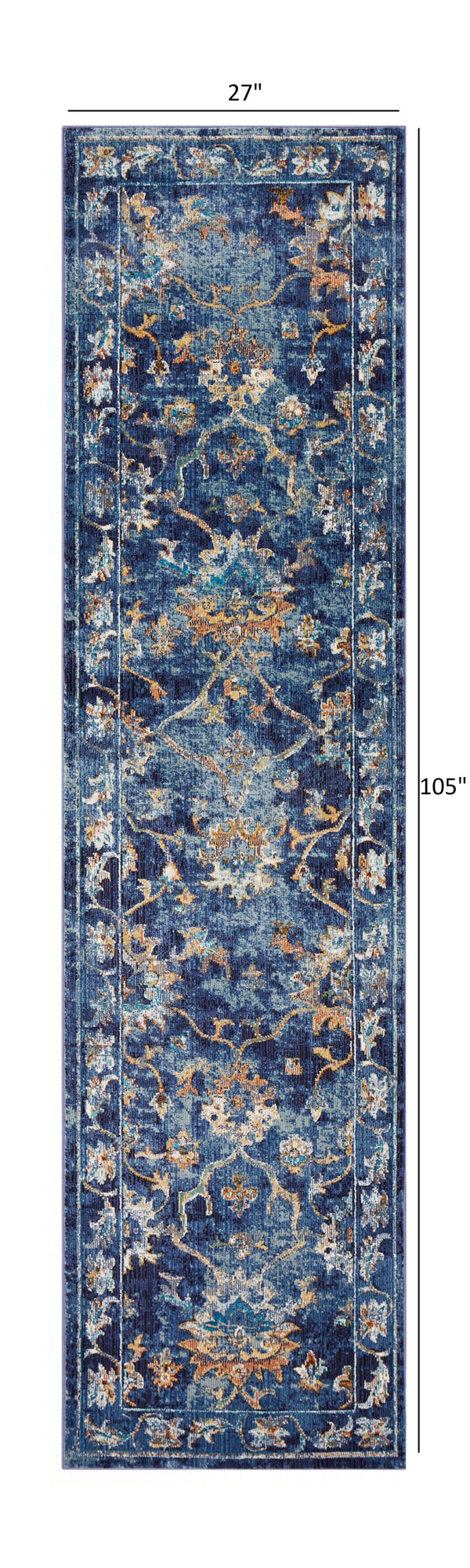 Homeroots 2' X 9' Blue And Gold Jacobean Runner Rug  Polypropylene 395708