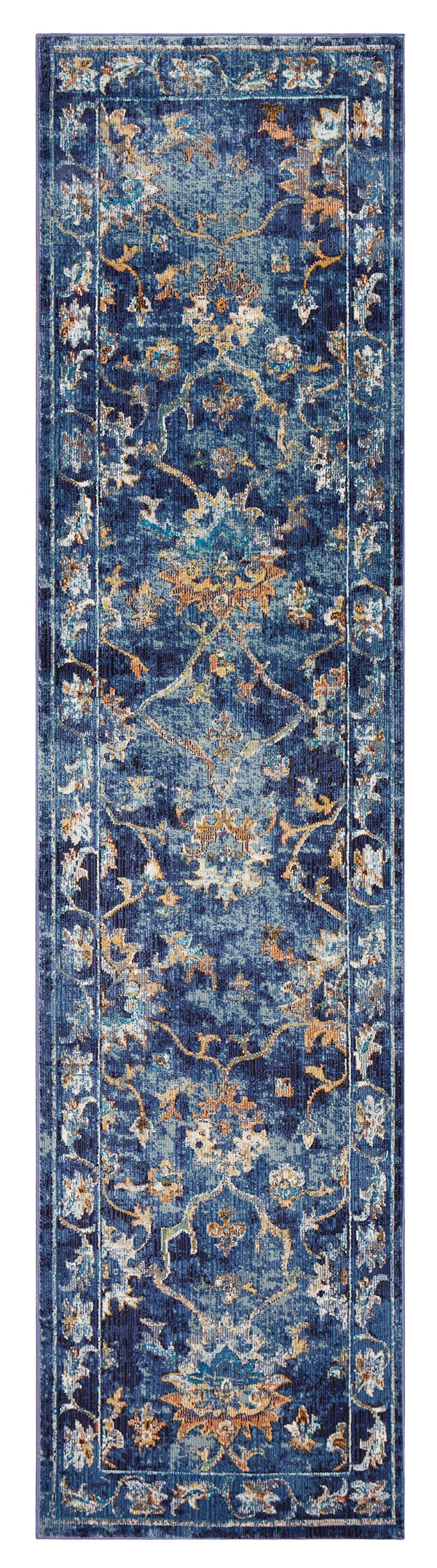 Homeroots 2' X 9' Blue And Gold Jacobean Runner Rug  Polypropylene 395708