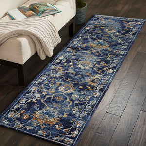 Homeroots 2' X 9' Blue And Gold Jacobean Runner Rug  Polypropylene 395708