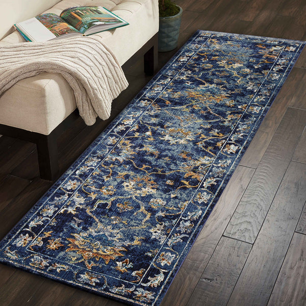 Homeroots 2' X 9' Blue And Gold Jacobean Runner Rug  Polypropylene 395708