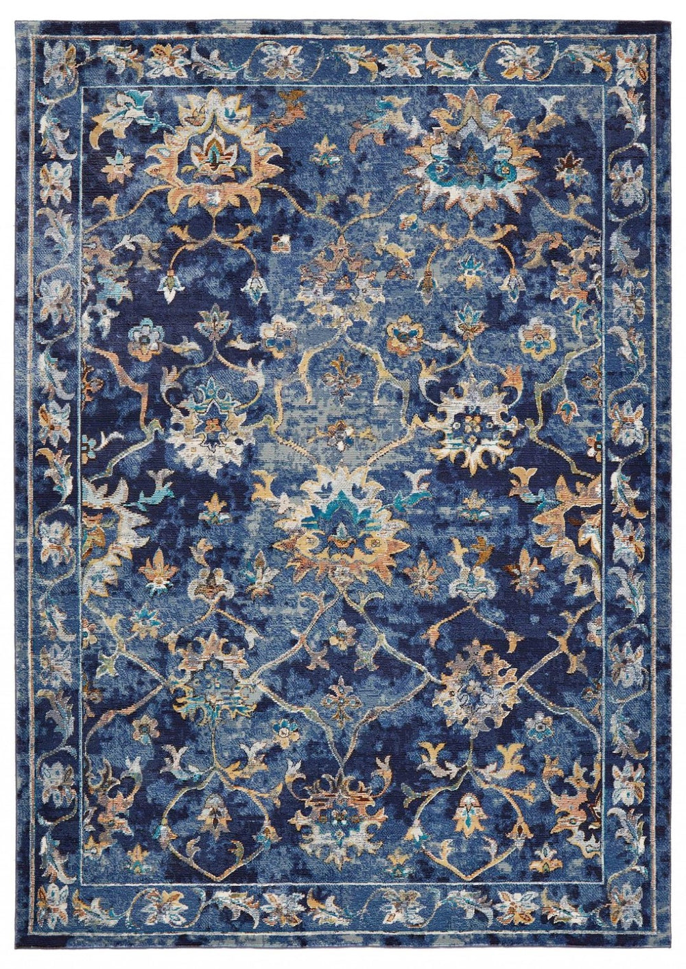 HomeRoots 4' Timeless Jacobean Area Rug in Rich Blue and Gold - Durable, Stylish, and Perfect for Any Space 4' x 6' 395709