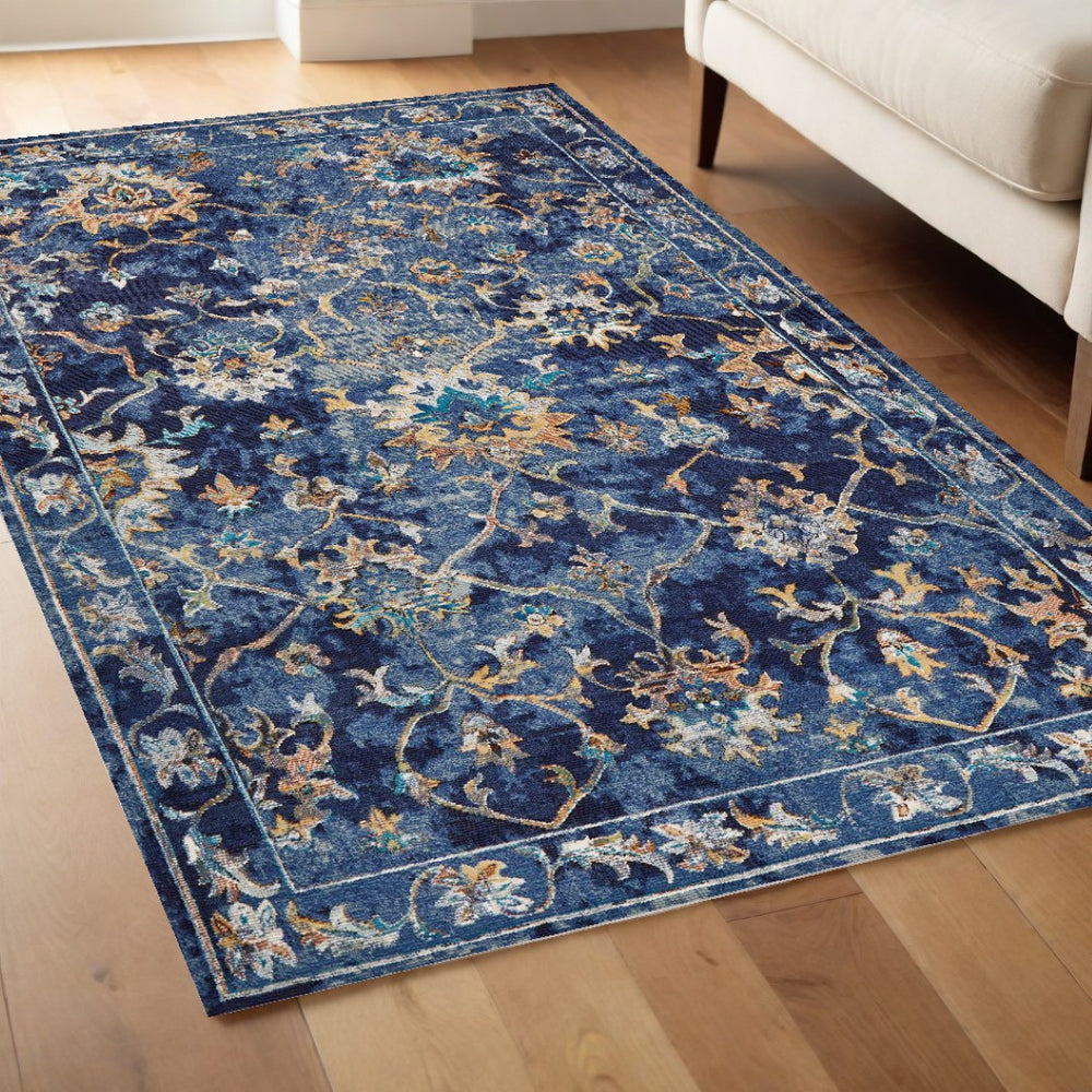 HomeRoots 4' Timeless Jacobean Area Rug in Rich Blue and Gold - Durable, Stylish, and Perfect for Any Space 4' x 6' 395709