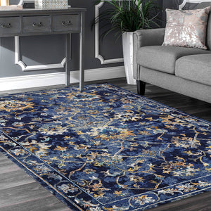 Homeroots 9' X 12' Blue Aqua And Gold Floral Distressed Area Rug  Polypropylene 395712