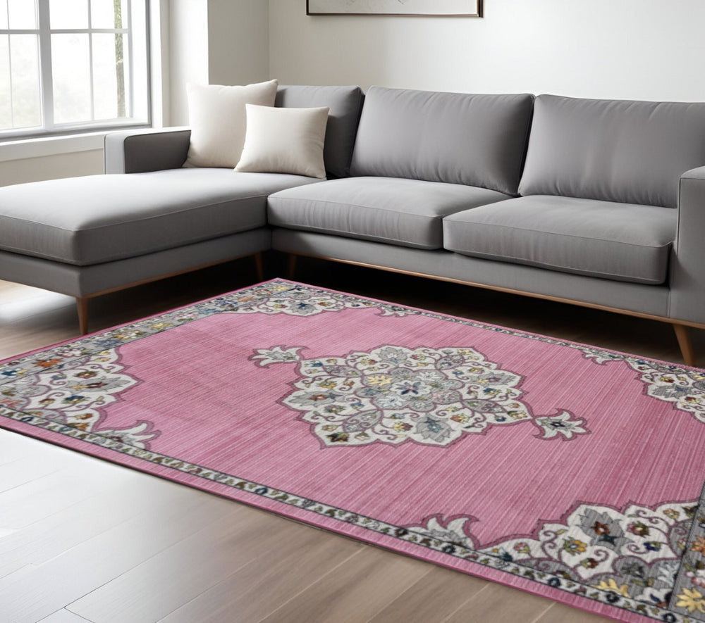 HomeRoots 8' Pink Traditional Medallion Area Rug - Elegant Floral Design for Living Rooms & Bedrooms Decor 8' x 10' 395726