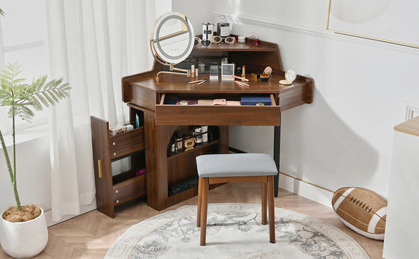 English Elm Corner Makeup Vanity Desk with 360° Rotating LED Mirror, Adjustable Brightness, L-Shaped Corner Design and Pull-Out Storage for Small Spaces Walnut N844P263663W