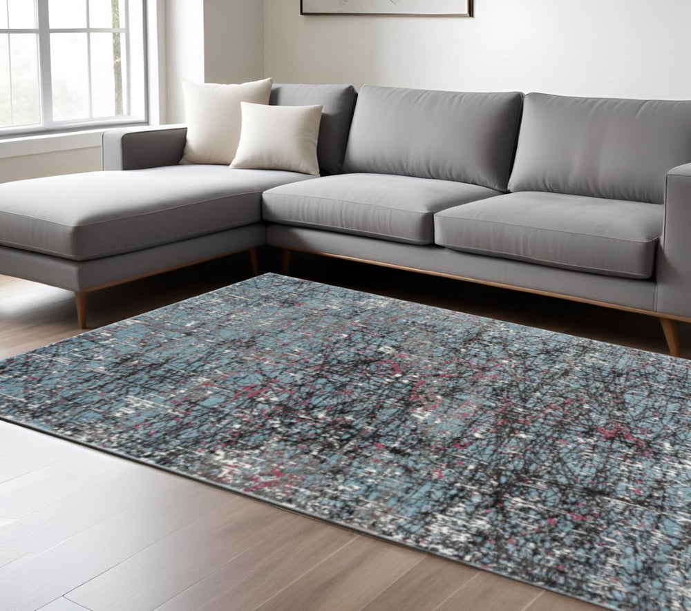 HomeRoots 8' Contemporary Abstract Area Rug with Chaotic Strokes in Pastel Blue, Black, and Fuchsia Design 8' X 10' 395763