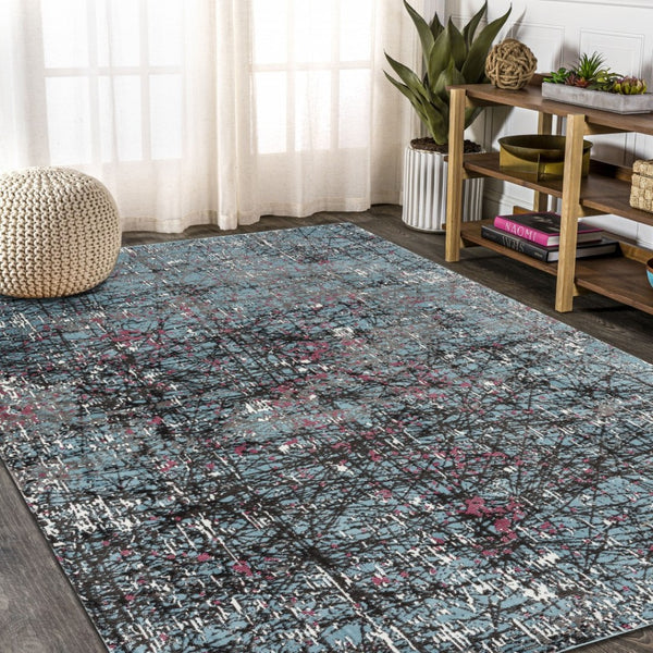 HomeRoots 8' Contemporary Abstract Area Rug with Chaotic Strokes in Pastel Blue, Black, and Fuchsia Design 8' X 10' 395763